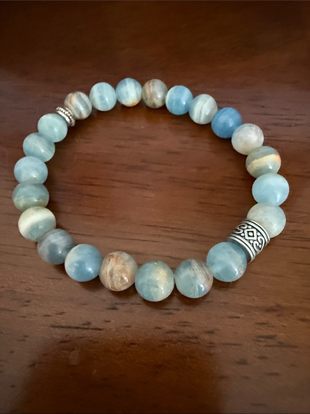 Natural Blue Calcite Beaded Stretch Bracelet with Silver Accent